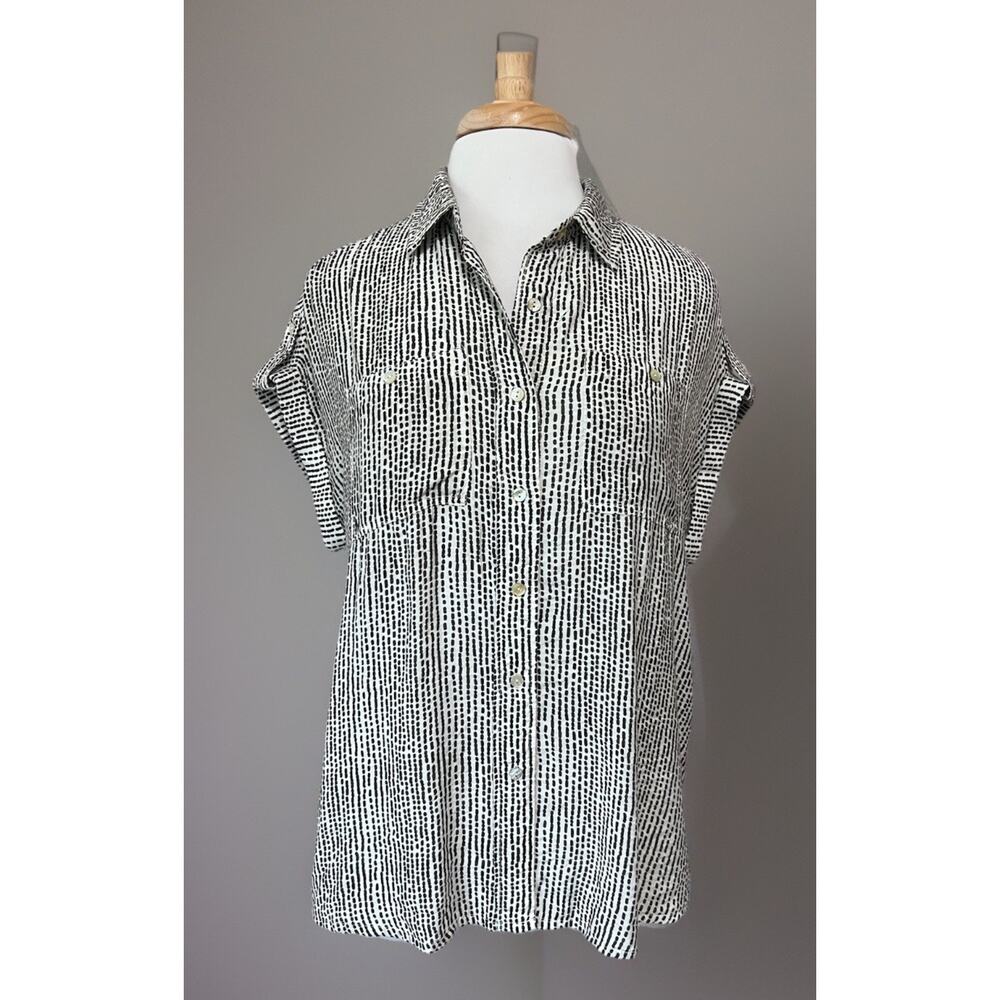 Multiples Womens M White Black Dots Stripes Button Up Blouse Top Career Casual